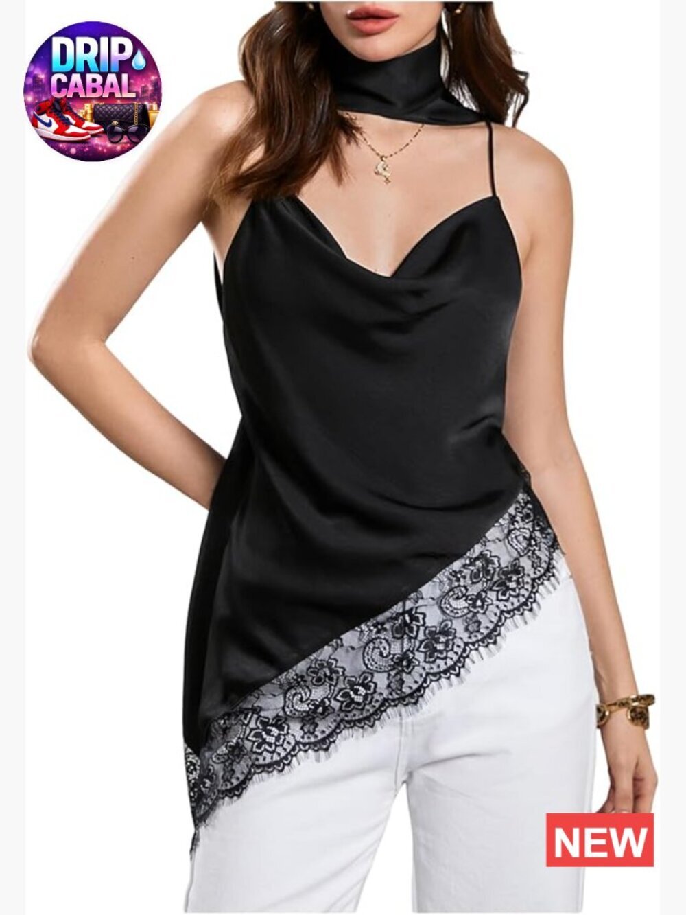 Lace Satin Asymmetrical Camisole Top with Detachable Scarf